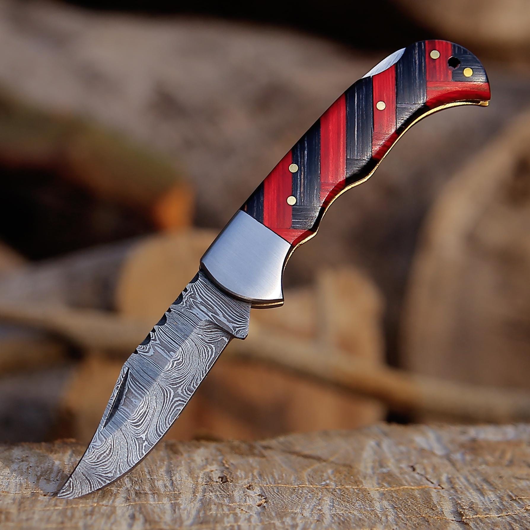 Handmade Damascus Pocket Knife Blue Wood Handle Birthday Gift Folding Knife Groomsmen Gift Anniversary Fathers day Personalized Gift for Men