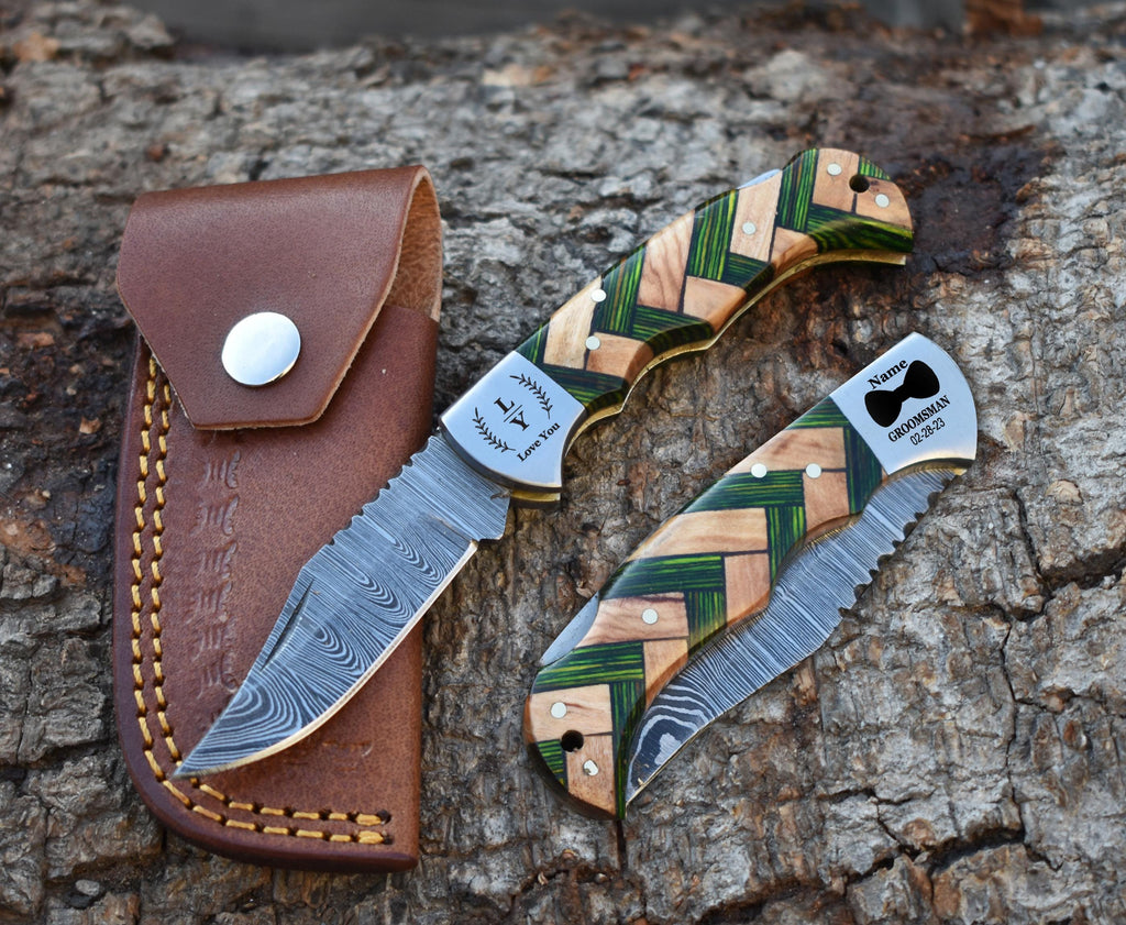 Personalized Handmade Pocket Knife Gift for Men Damascus Knife 10th Anniversary Gift for Husband, Birthday Gift Wedding Groomsmen Gift Lover