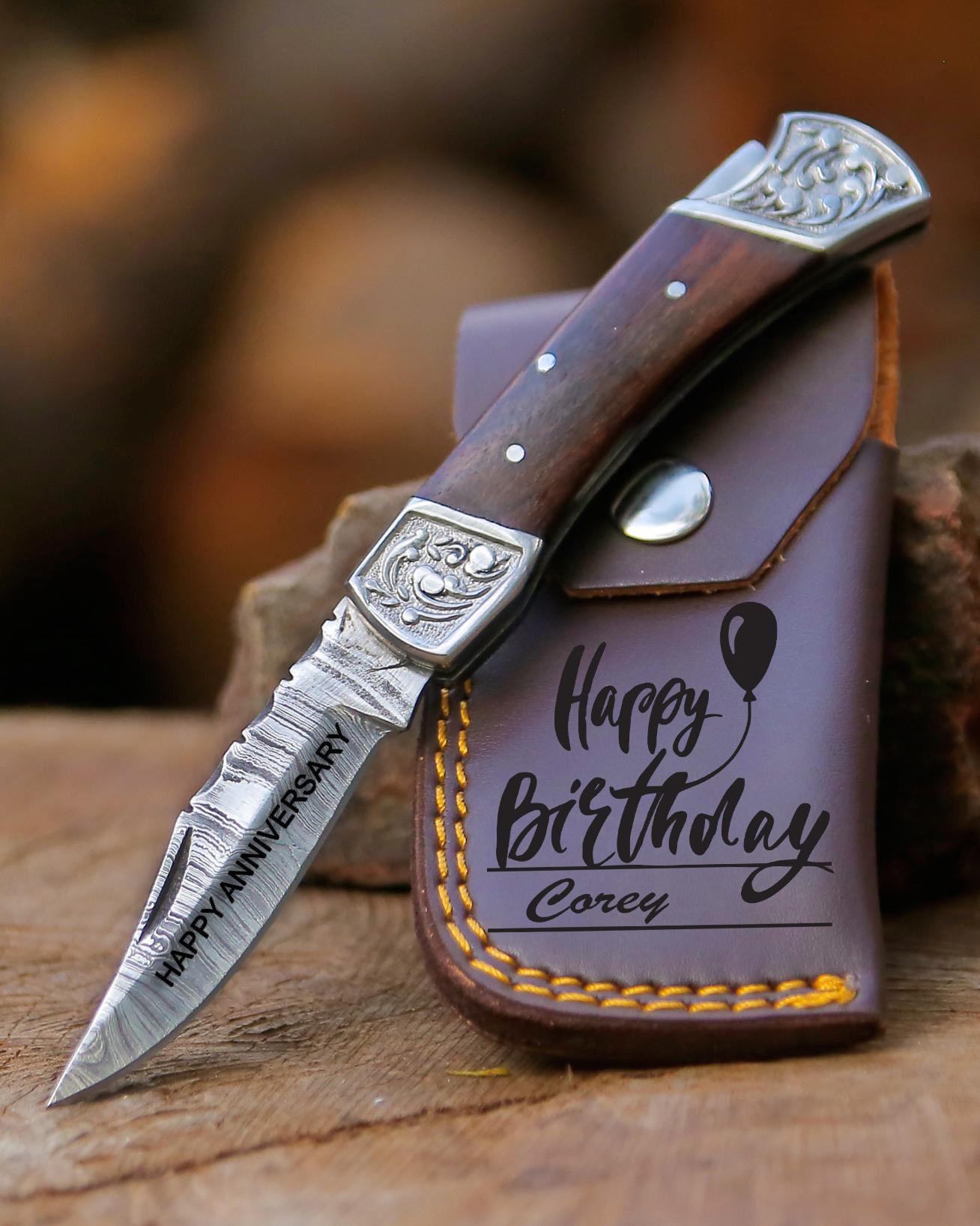 Handmade Damascus Pocket Knife White Handle Birthday Gift Folding Knife Groomsmen Anniversary Gift Personalized Gift for Boy friend Love