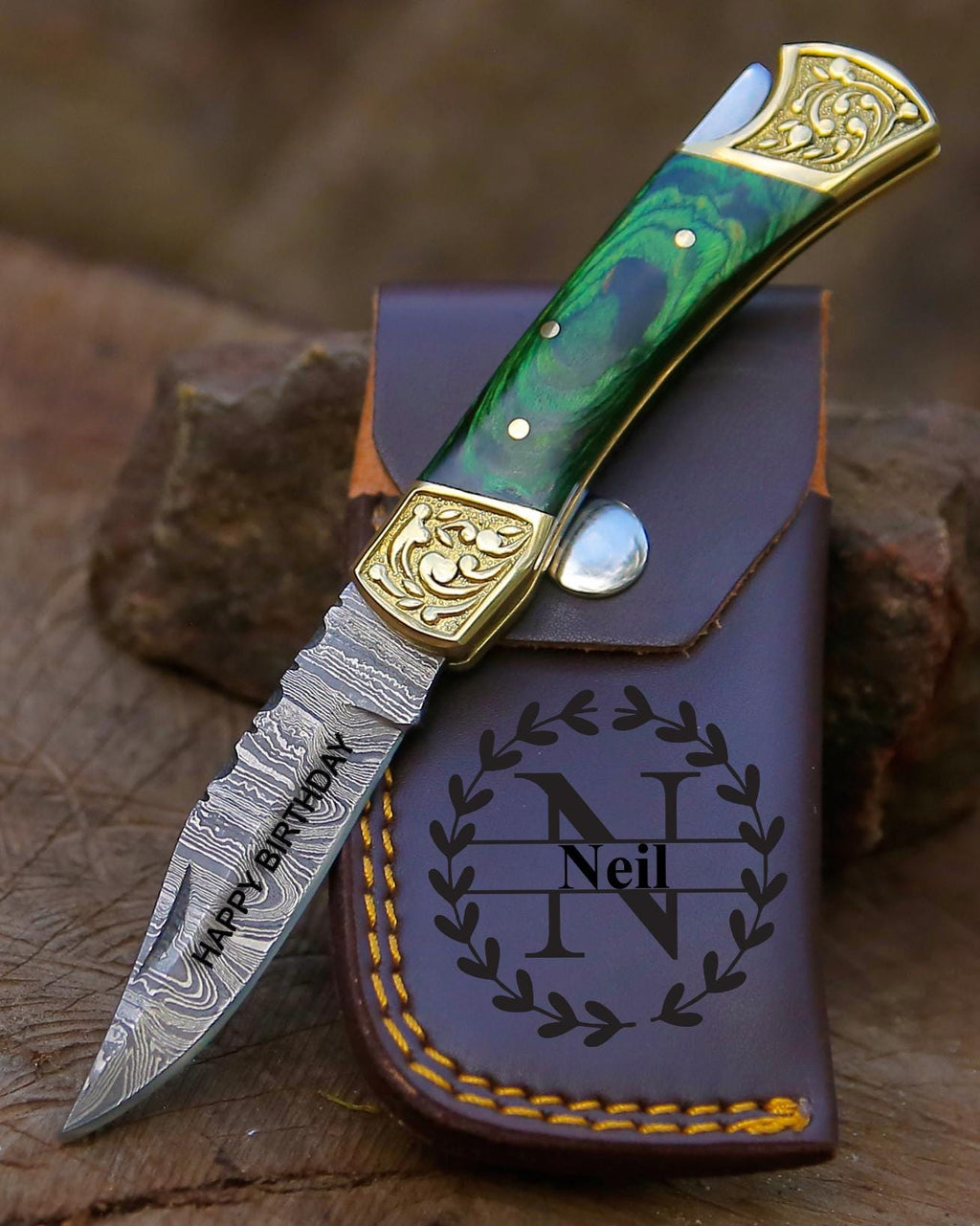 Handmade Damascus Pocket knife Green Dollar sheet Handle Birthday Gift Back Lock Folding knife Groomsmen Gift Personalized Men Gift For Men