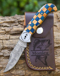 Handmade Damascus Pocket Knife Olive & Blue Handle Birthday Gift Folding Knife Groomsmen Gift Anniversary Wedding Personalized Gift for Men