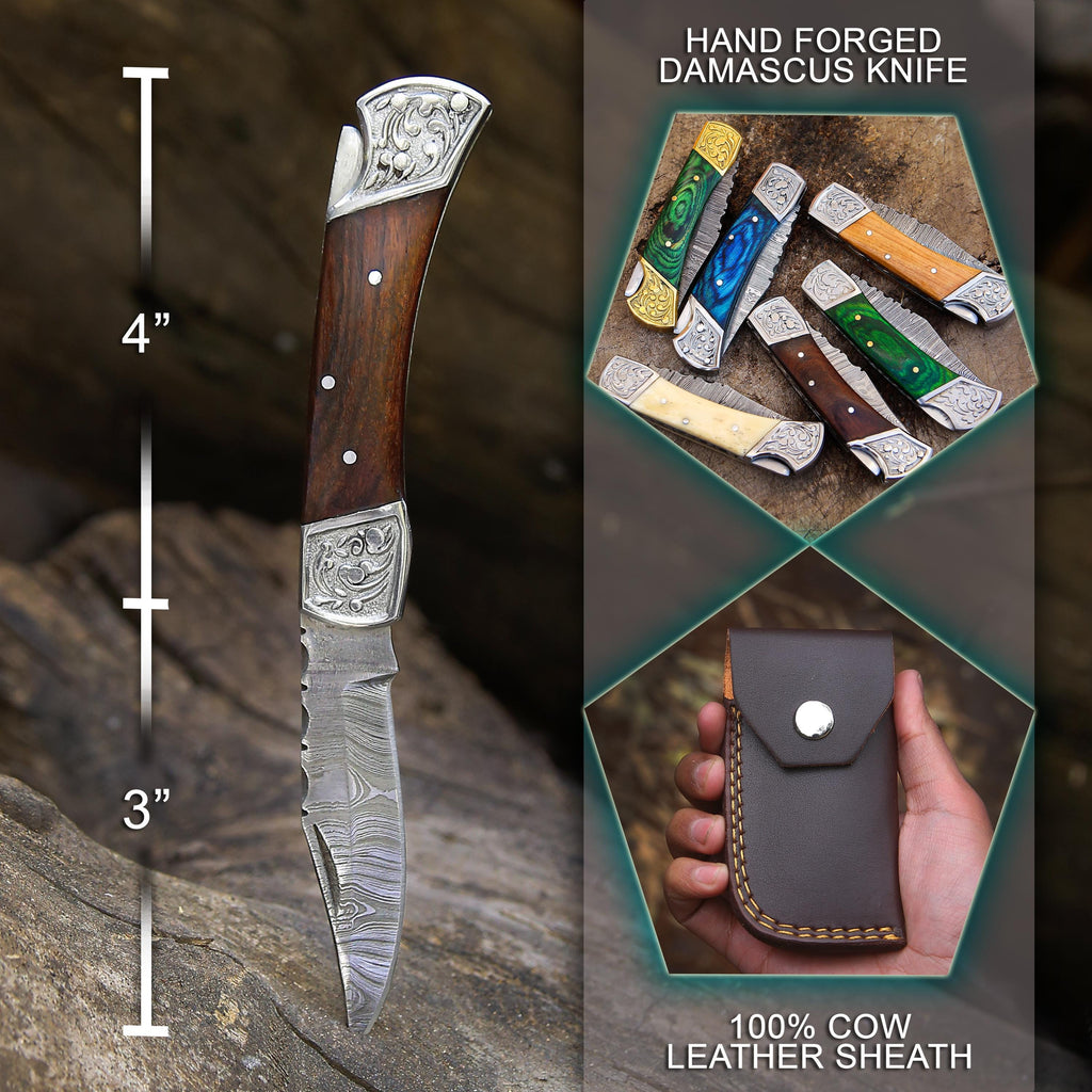 Handmade Damascus Pocket Knife White Handle Birthday Gift Folding Knife Groomsmen Anniversary Gift Personalized Gift for Boy friend Love