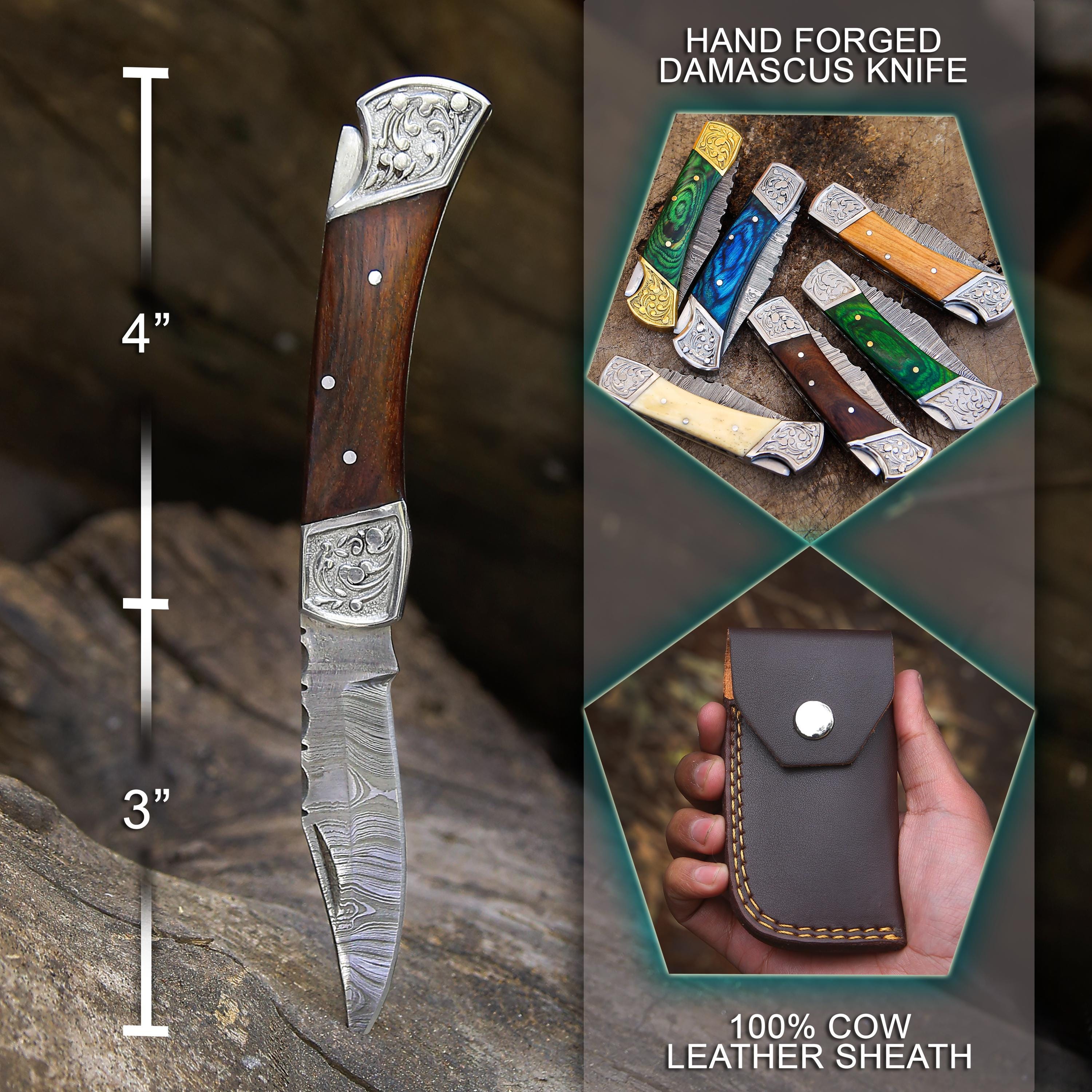 Handmade Damascus Pocket Knife Rose Wood Handle Birthday Gift Folding Knife Groomsmen Anniversary Gift Personalized Gift for Boy friend Love