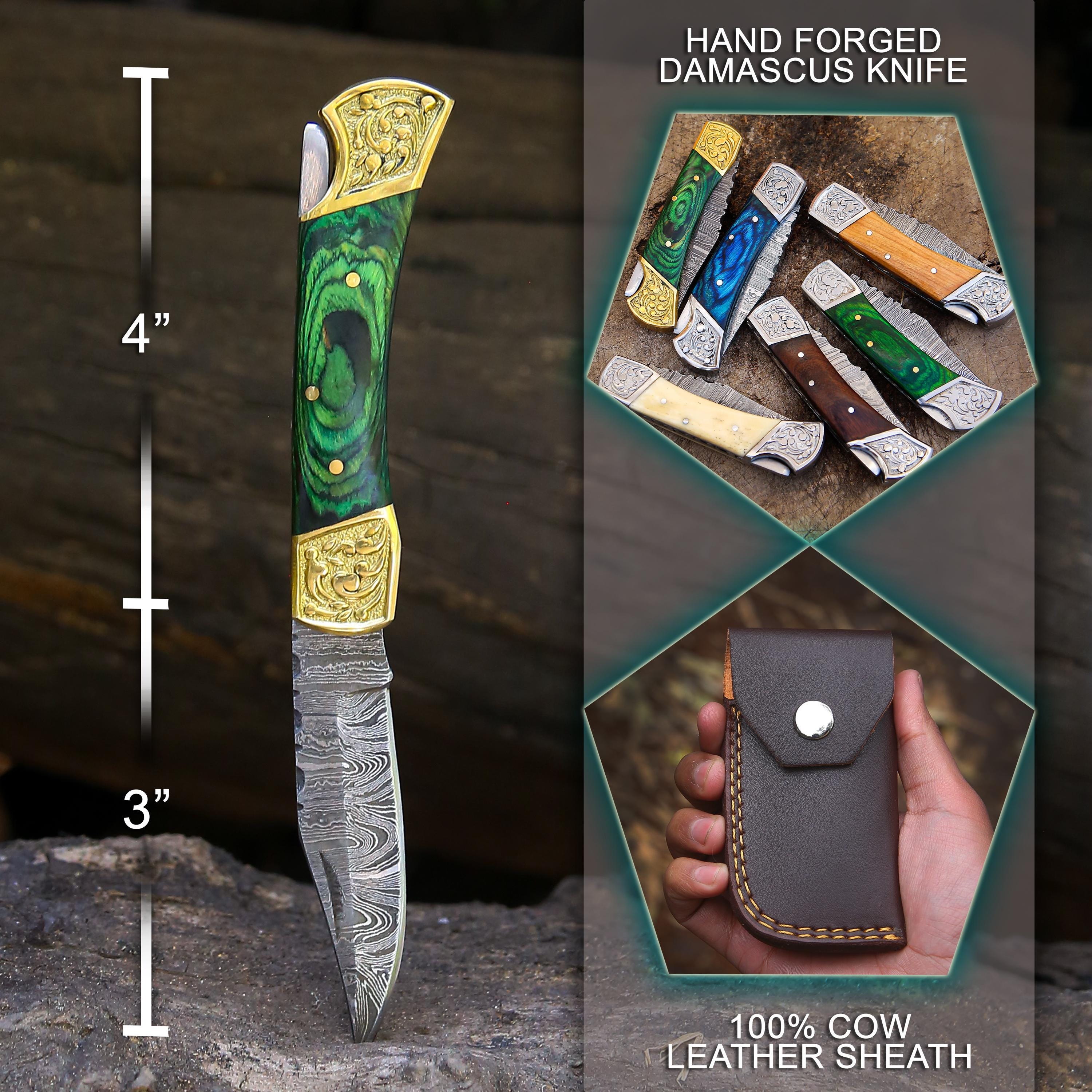 Handmade Damascus Pocket knife Green Dollar sheet Handle Birthday Gift Back Lock Folding knife Groomsmen Gift Personalized Men Gift For Men