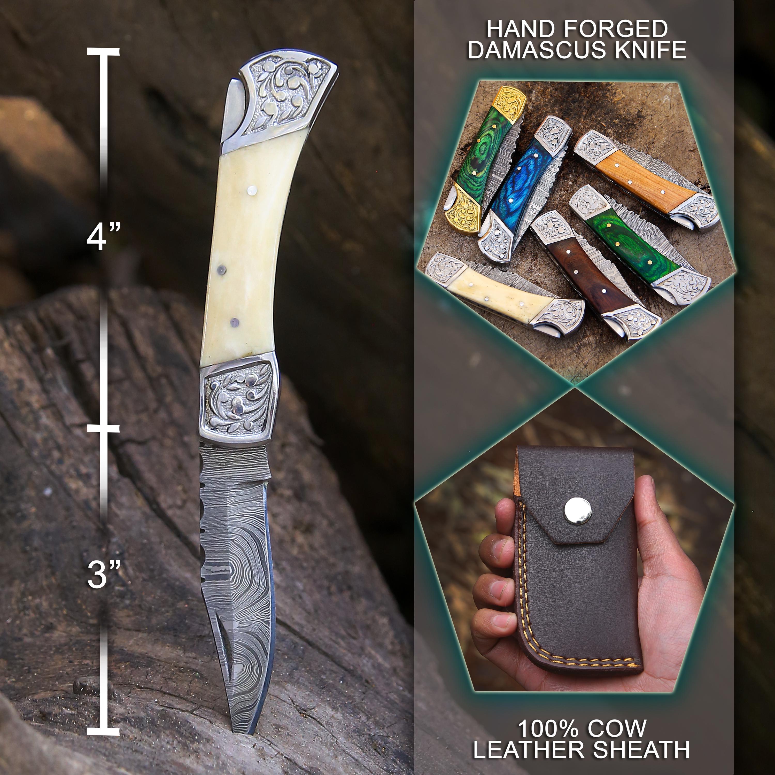 Handmade Damascus Pocket Knife White Handle Birthday Gift Folding Knife Groomsmen Anniversary Gift Personalized Gift for Boy friend Love
