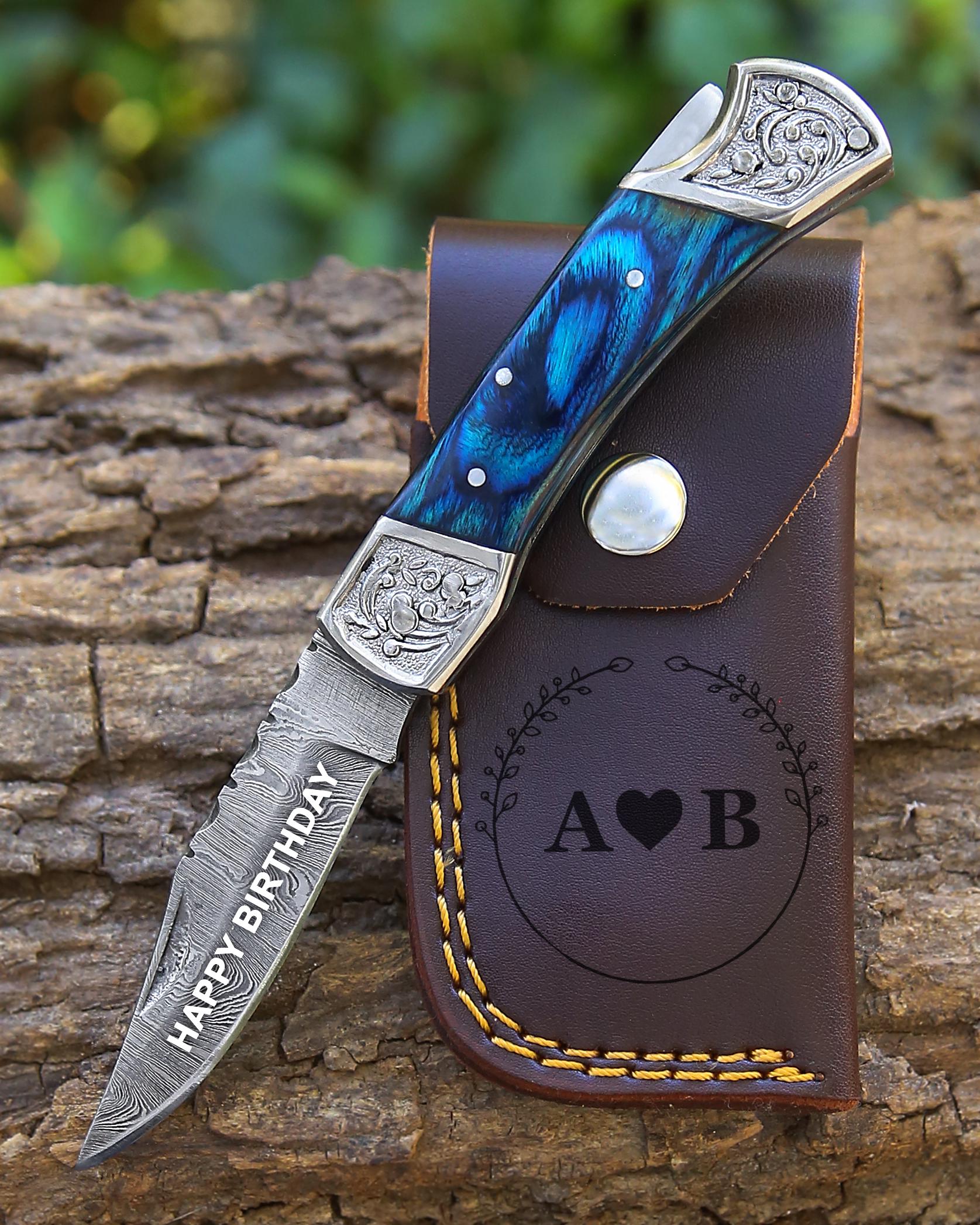 Handmade Damascus Pocket Knife White Handle Birthday Gift Folding Knife Groomsmen Anniversary Gift Personalized Gift for Boy friend Love