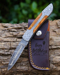 Handmade Damascus pocket knife Olive wood handle birthday gift  folding knife Groomsmen anniversary wedding gift for dad friendship gift