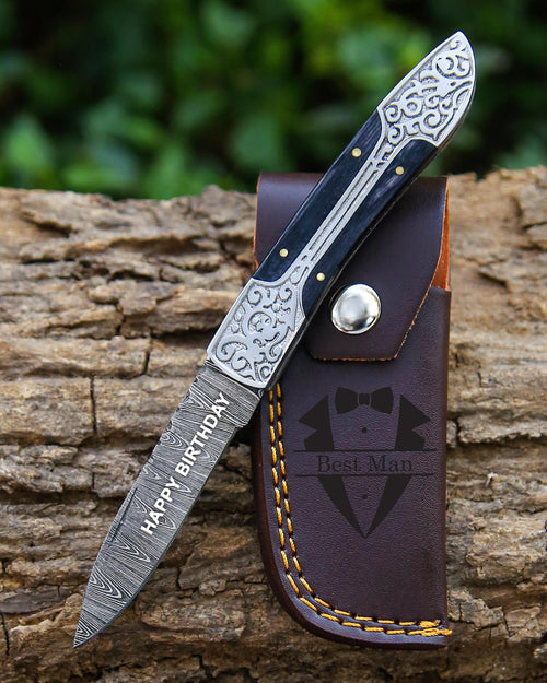 Handmade Damascus pocket knife Black wood handle birthday gift  folding knife Groomsmen anniversary wedding gift for dad friendship gift