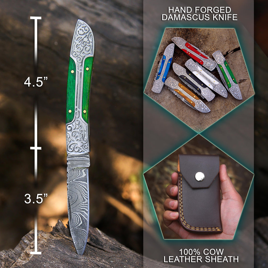 Handmade Damascus Pocket Knife: Red Wood Handle, Engraved Steel, Father's Day Gift