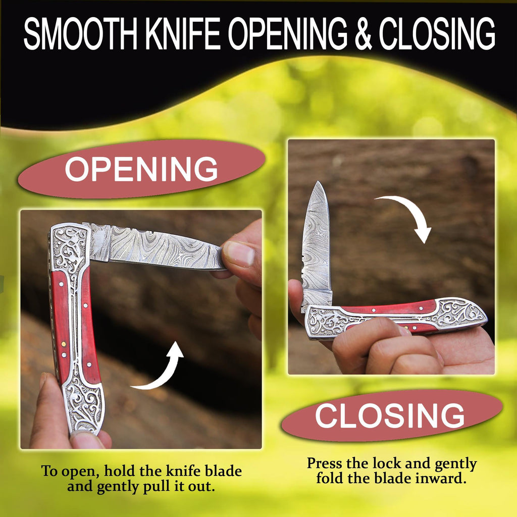 Handmade Damascus Pocket Knife: Red Wood Handle, Engraved Steel, Father's Day Gift
