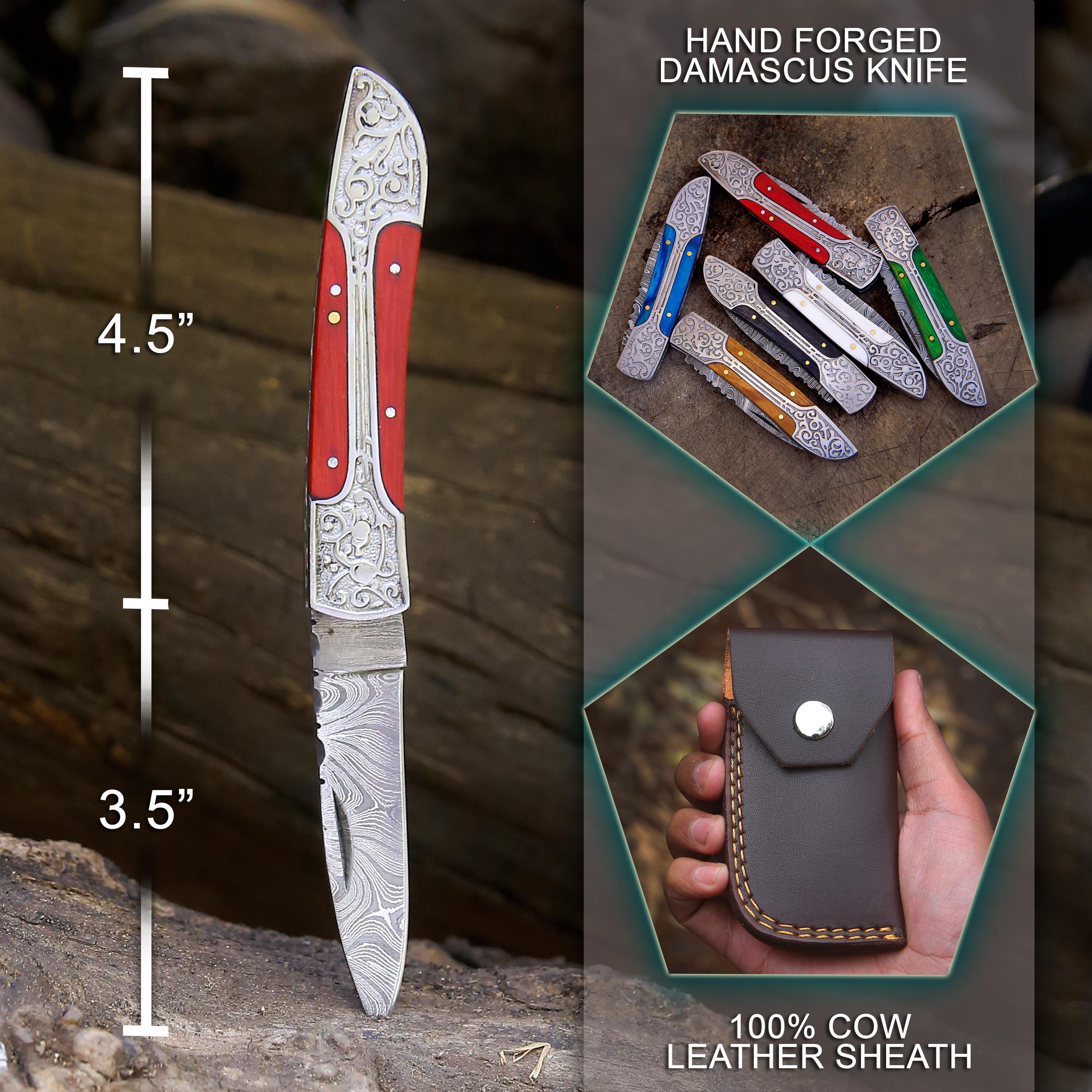 Handmade Damascus Pocket Knife: Red Wood Handle, Engraved Steel, Father's Day Gift