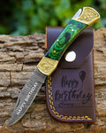 Handmade Damascus Pocket knife Green Dollar sheet Handle Birthday Gift Back Lock Folding knife Groomsmen Gift Personalized Men Gift For Men