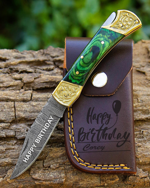 Handmade Damascus Pocket knife Green Dollar sheet Handle Birthday Gift Back Lock Folding knife Groomsmen Gift Personalized Men Gift For Men