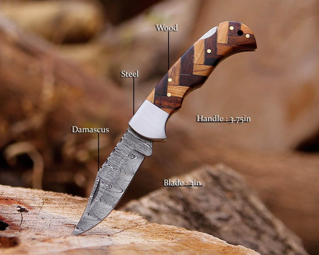 Handmade Damascus Pocket Knife Rose Wood Handle Birthday Gift Folding Knife Groomsmen Gift Anniversary Wedding Personalized Gift for Men