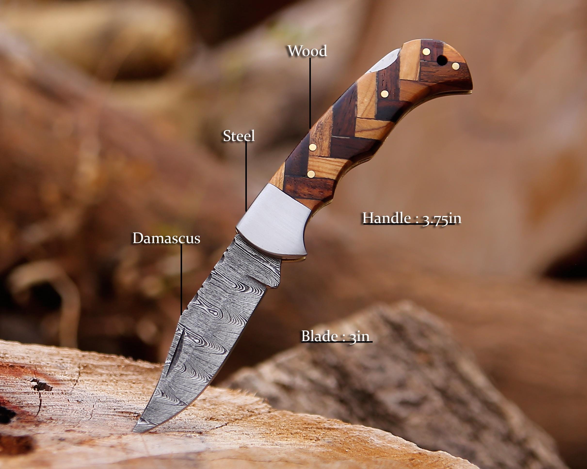 Handmade Damascus Pocket Knife Rose Wood Handle Birthday Gift Folding Knife Groomsmen Gift Anniversary Wedding Personalized Gift for Men