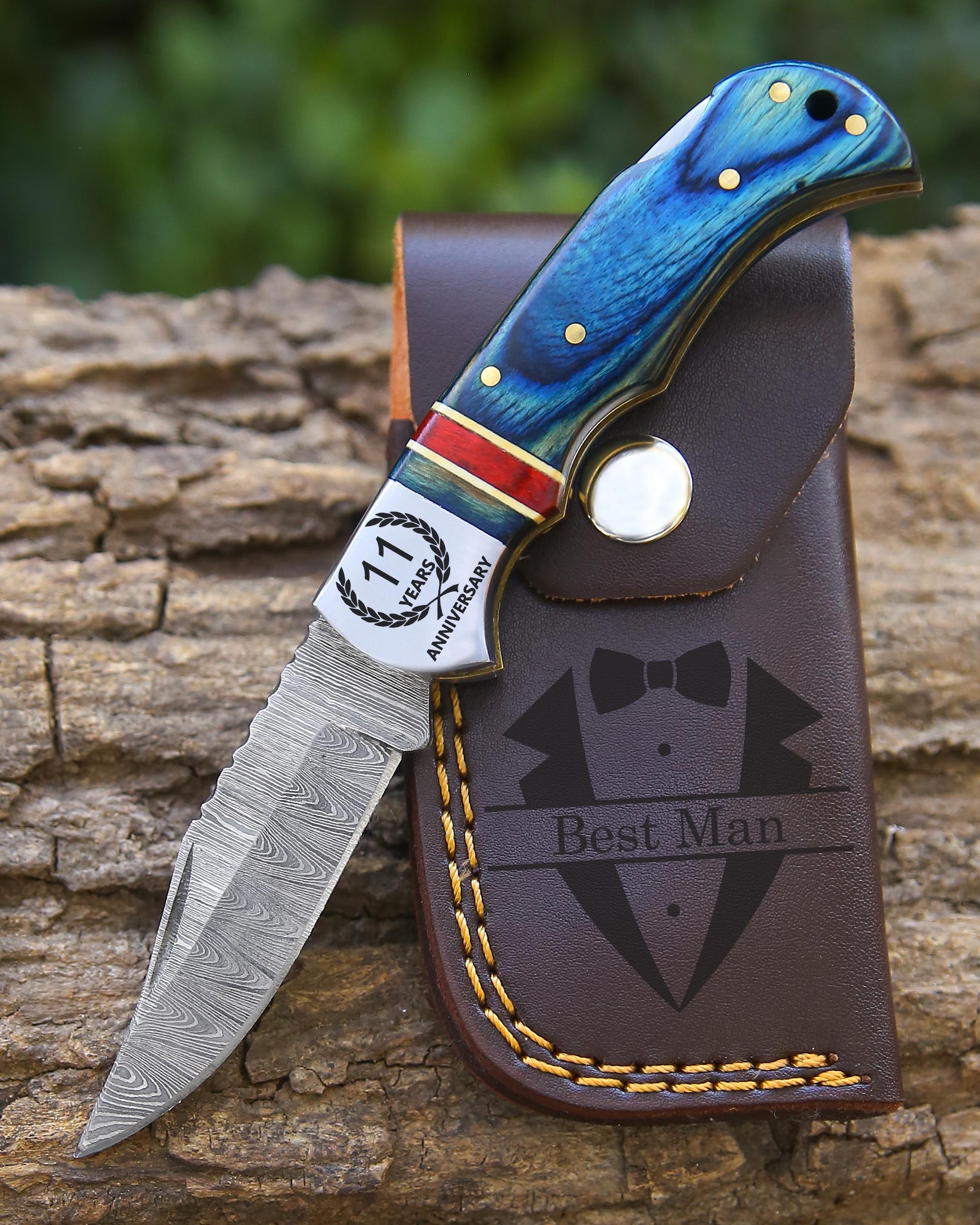 Handmade Damascus Pocket Knife Rose Wood Handle Birthday Gift Folding Knife Groomsmen Gift Anniversary Wedding Personalized Gift for Men