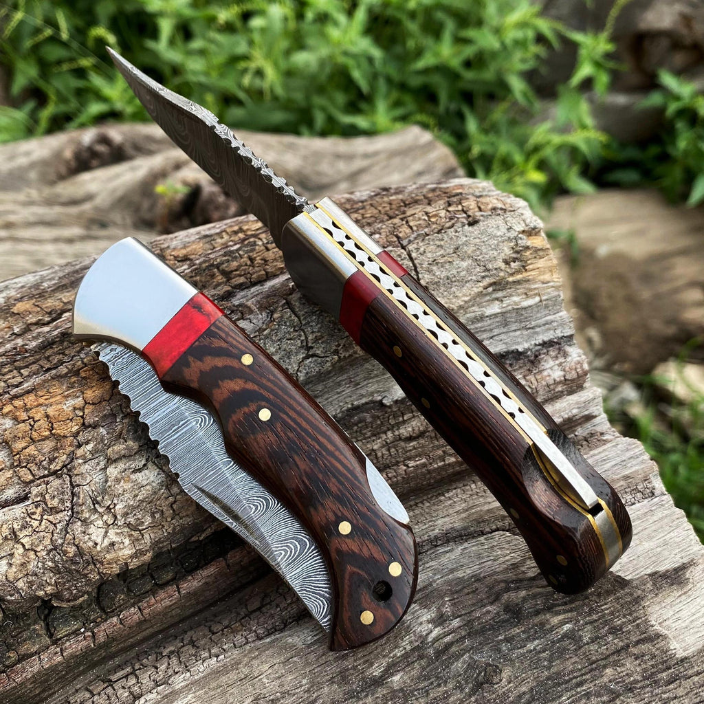 Handmade Damascus Pocket Knife Wangi Wood Handle Birthday Gift Folding Knife Bestman Gift 10th Anniversary Wedding Gift Father day Gift Love