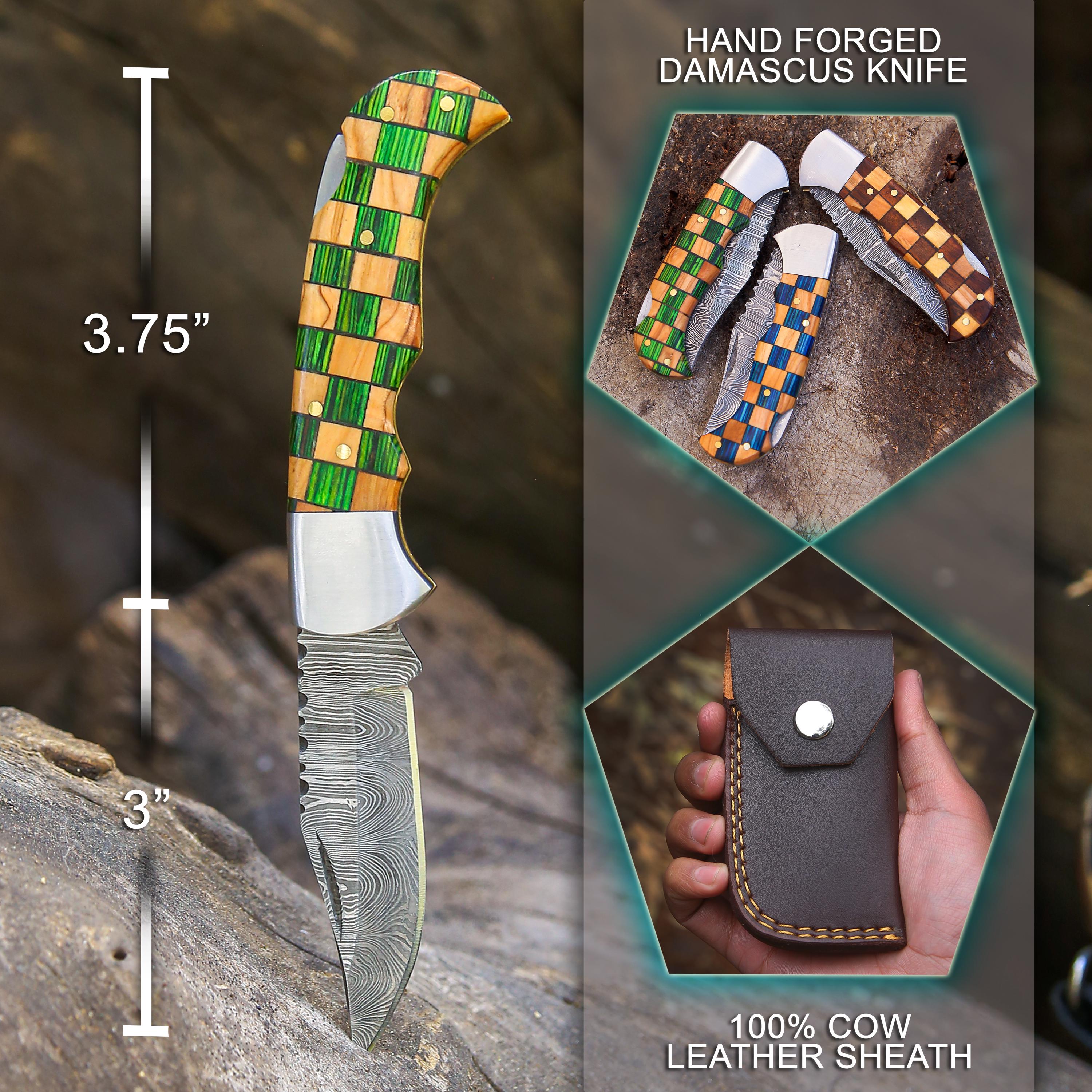 Handmade Damascus Pocket Knife Olive & Blue Handle Birthday Gift Folding Knife Groomsmen Gift Anniversary Wedding Personalized Gift for Men