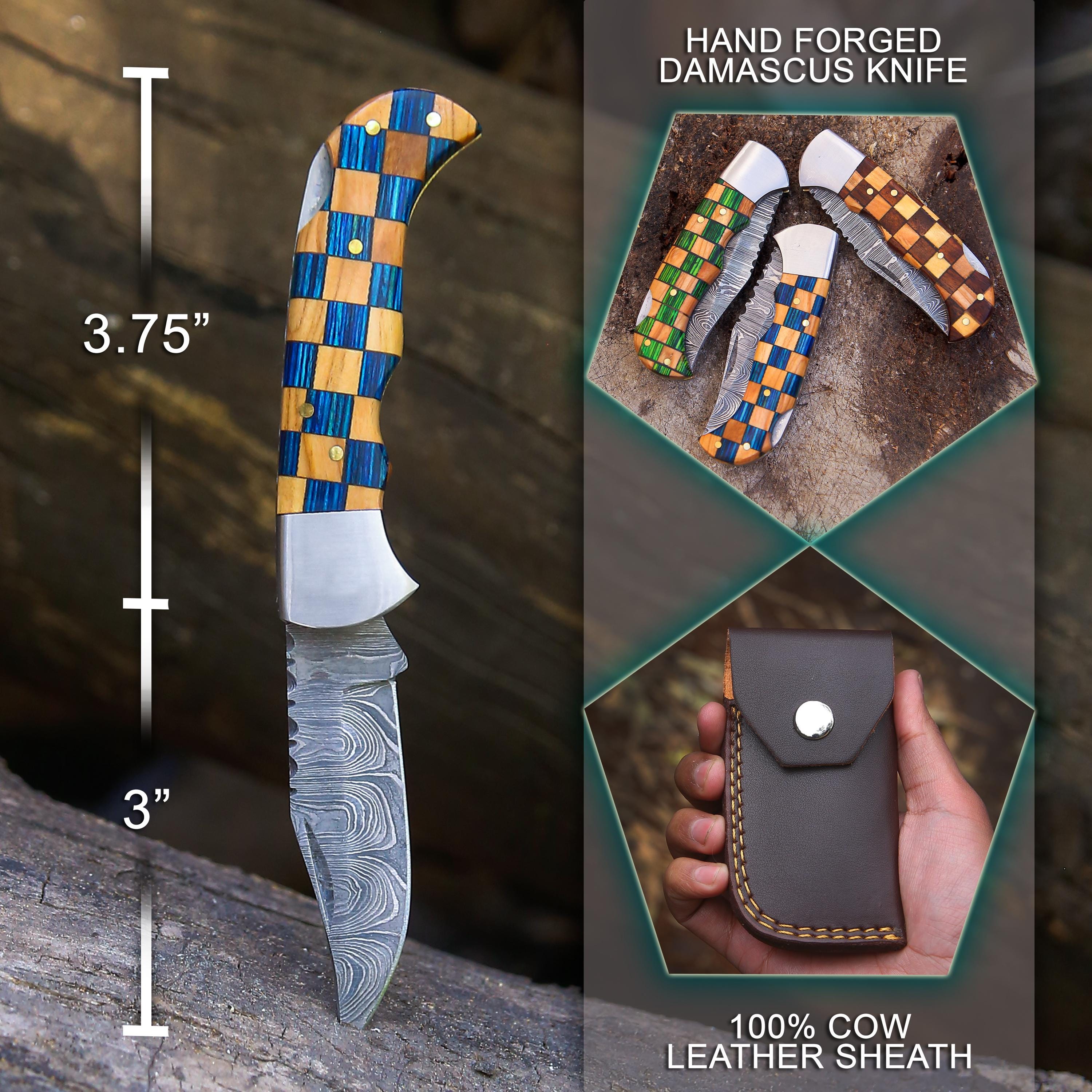 Handmade Damascus Pocket Knife Olive & Blue Handle Birthday Gift Folding Knife Groomsmen Gift Anniversary Wedding Personalized Gift for Men