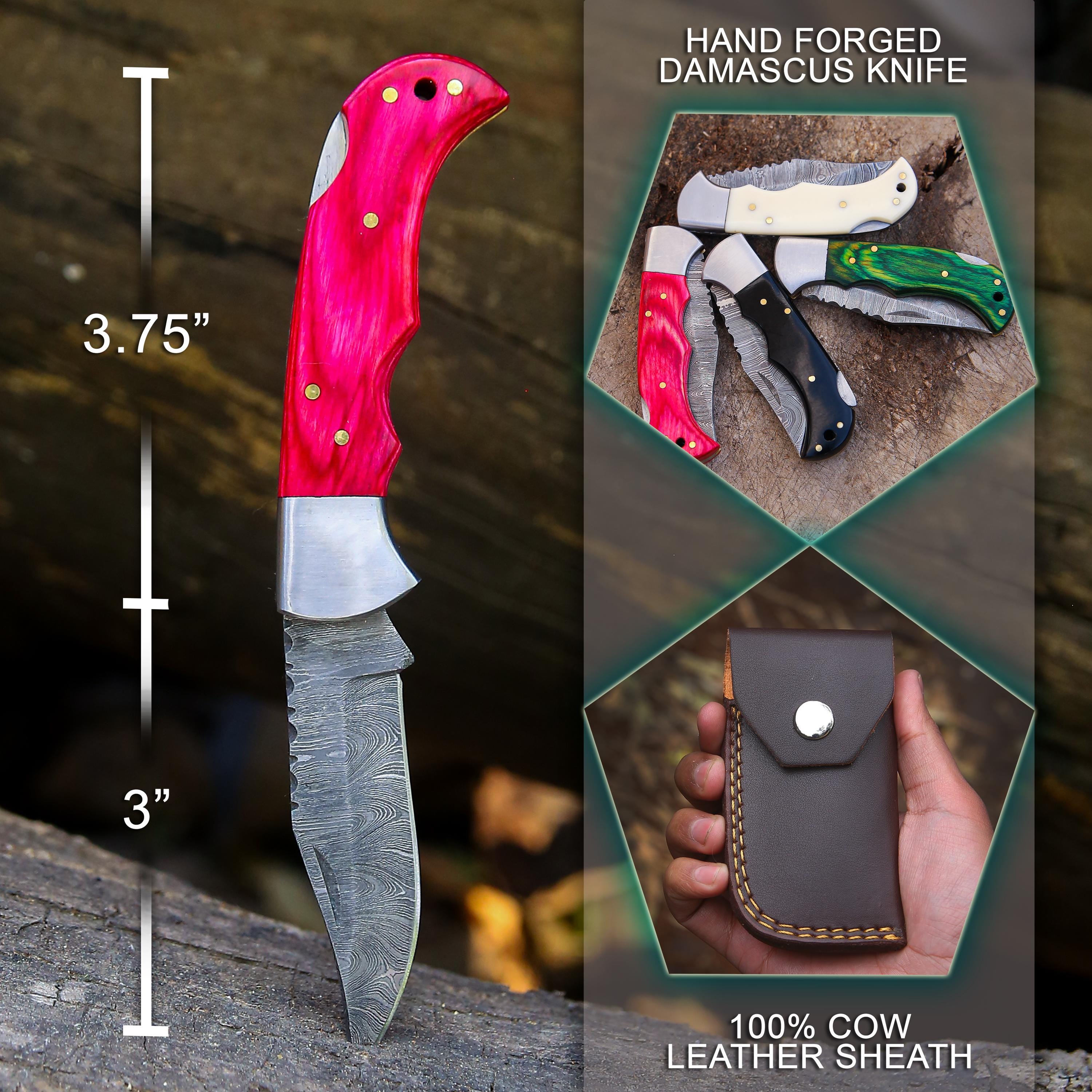 Handmade Damascus Pocket Knife pink Handle Birthday Gift Folding Knife Groomsmen Gift Anniversary Wedding Gift Thanksgiving Gift Love