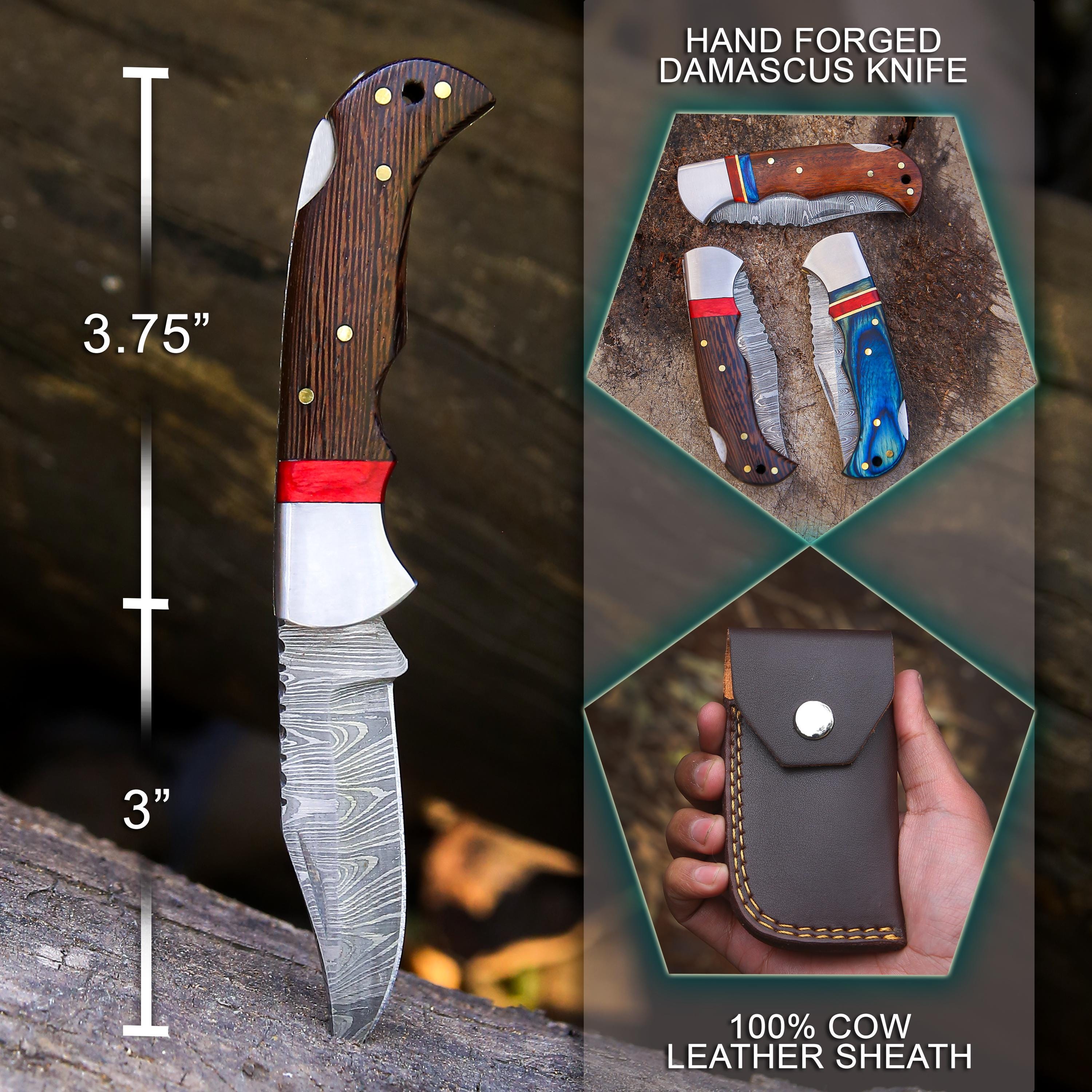 Handmade Damascus Pocket Knife Wangi Wood Handle Birthday Gift Folding Knife Bestman Gift 10th Anniversary Wedding Gift Father day Gift Love