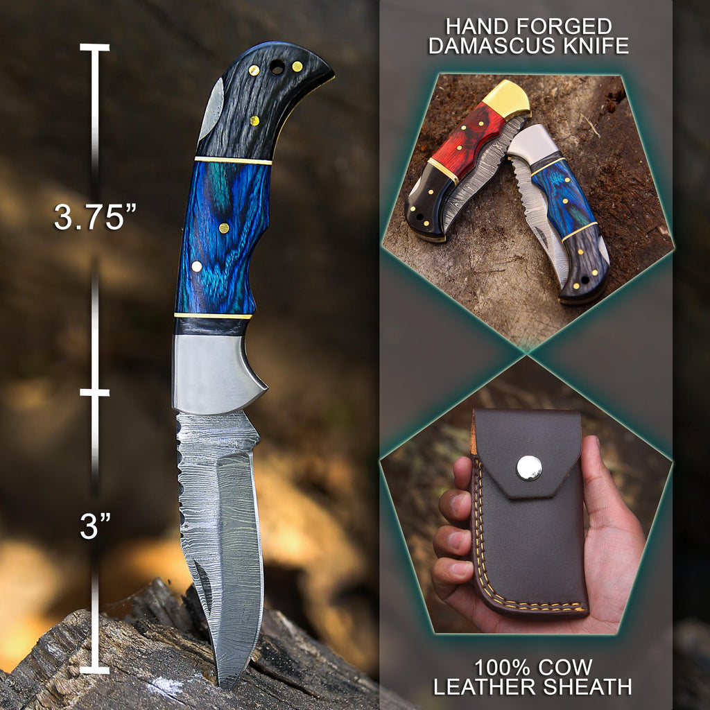 6.5" Back Lock Handmade Damascus Steel Pocket Knife Blue Handle Folding Knife Birthday Wedding Anniversary Personalized Gift for Boyfriend