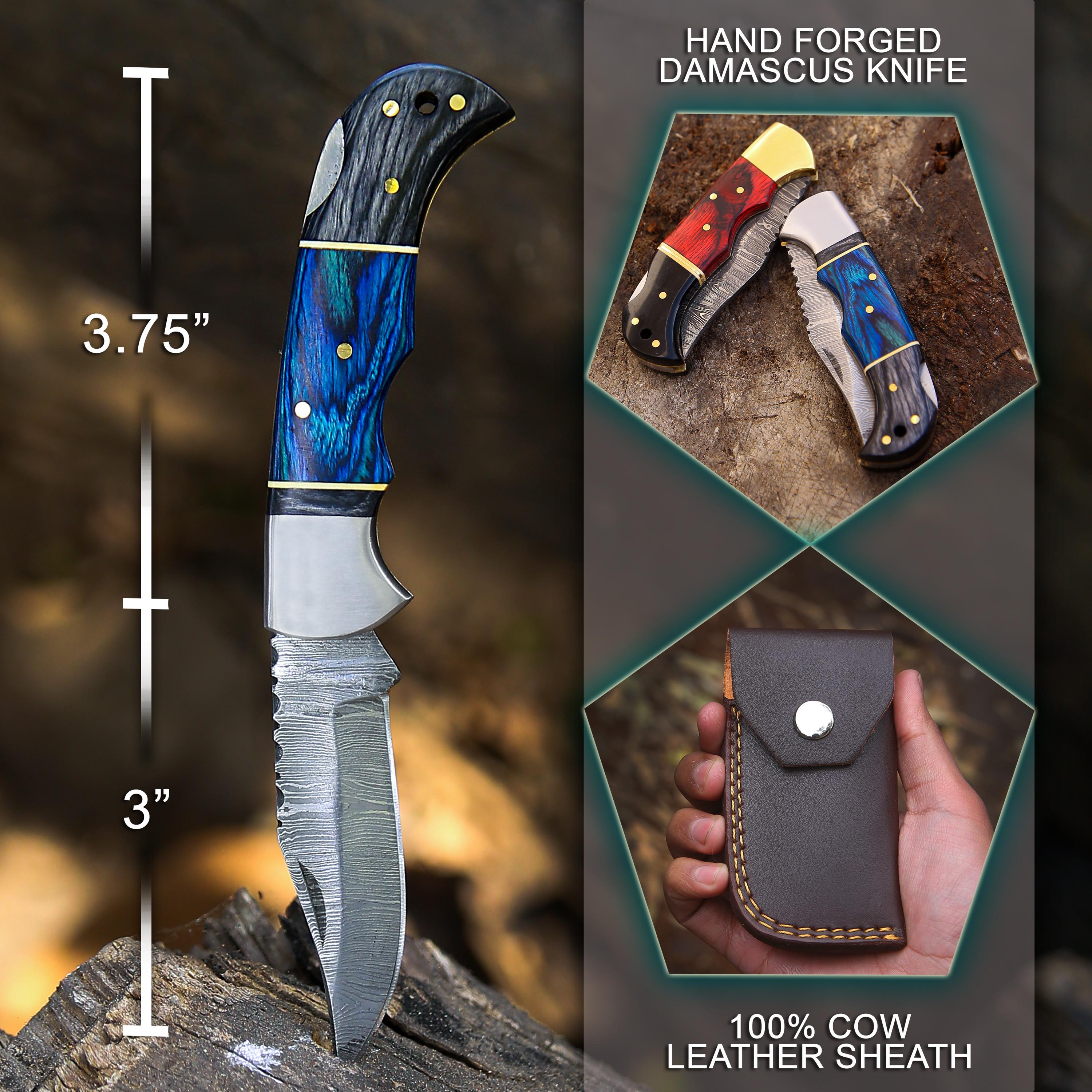 6.5" Back Lock Handmade Damascus Steel Pocket Knife Blue Handle Folding Knife Birthday Wedding Anniversary Personalized Gift for Boyfriend