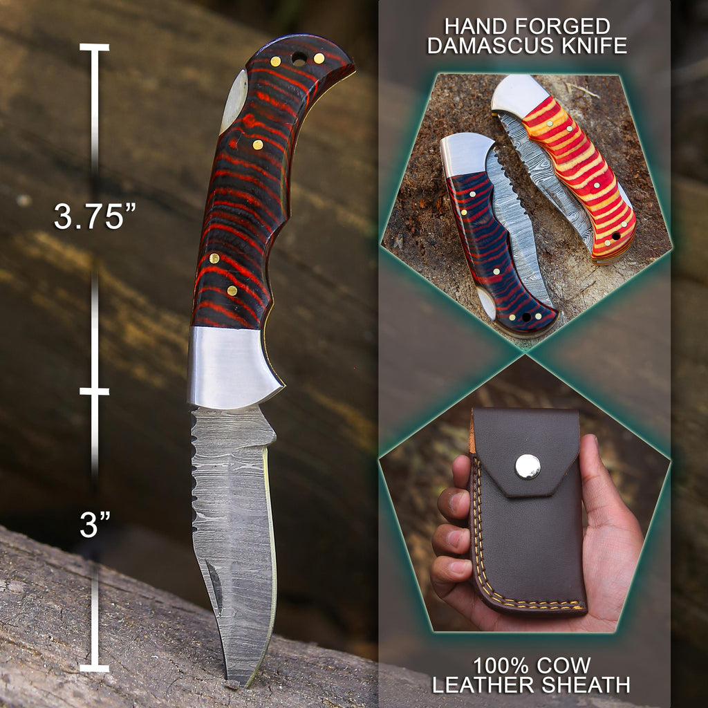 Personalized Handmade Damascus Pocket Knife Multi Wood Handle Father day Gift Wedding Folding Knife Groomsmen Anniversary Gift for Boyfriend