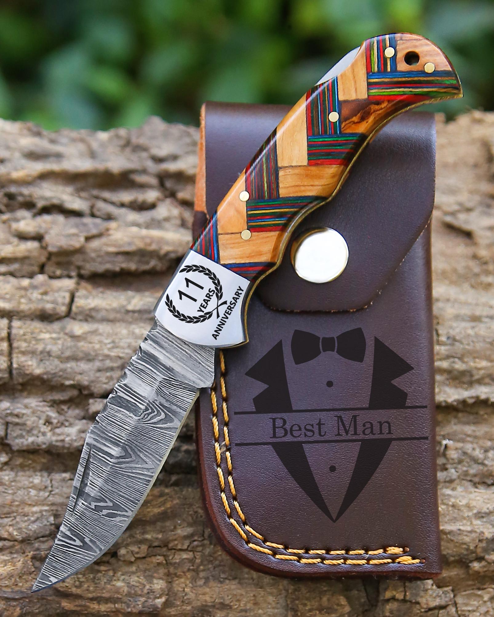Personalized Handmade Damascus Steel Pocket Knife Blue Handle Best dad Gift for Men Folding Knife Groomsmen 11 Anniversary Husband Gifts
