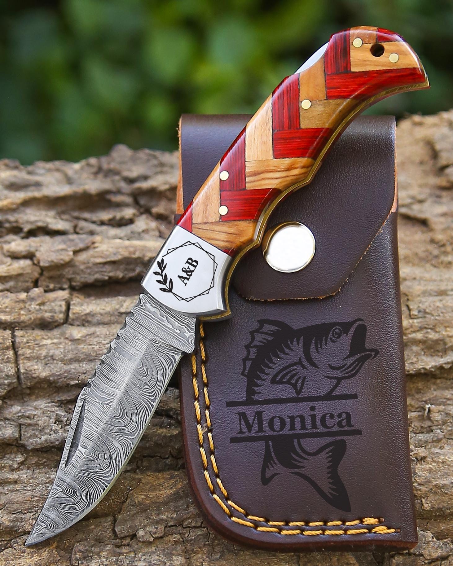 Personalized Handmade Damascus Steel Pocket Knife Blue Handle Best dad Gift for Men Folding Knife Groomsmen 11 Anniversary Husband Gifts