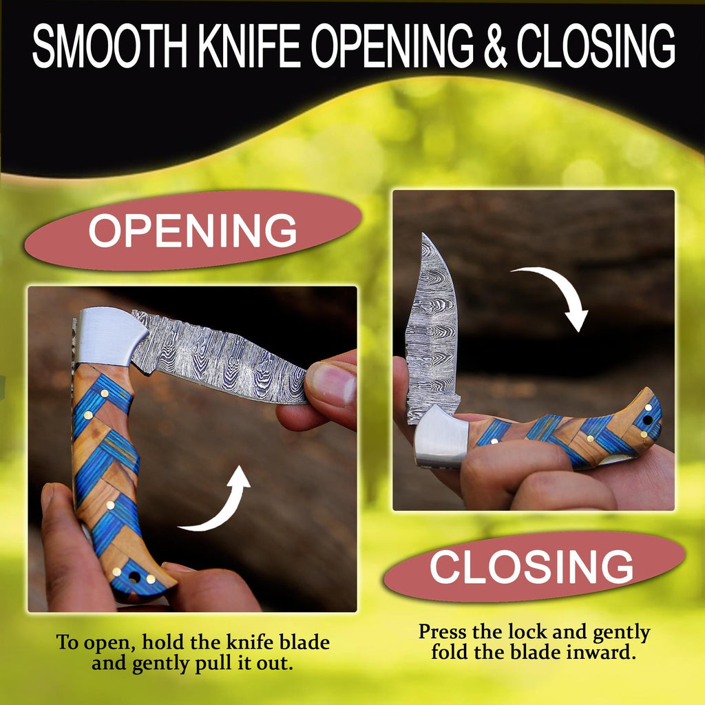 Personalized Handmade Damascus Steel Pocket Knife Blue Handle Best dad Gift for Men Folding Knife Groomsmen 11 Anniversary Husband Gifts