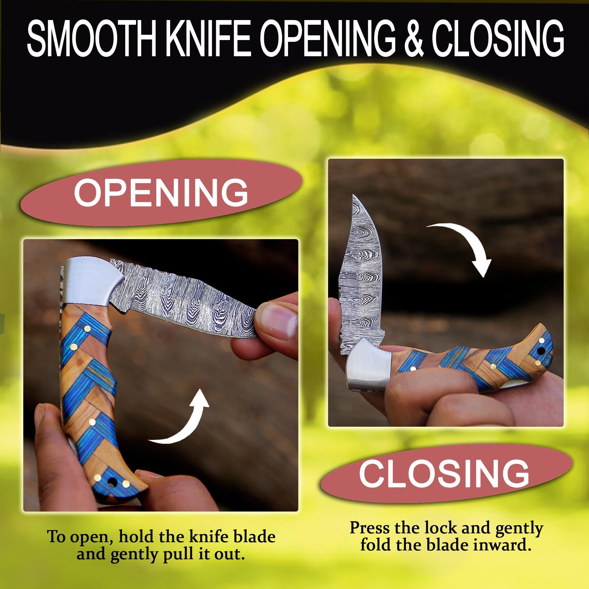Personalized Handmade Damascus Steel Pocket Knife Blue Handle Best dad Gift for Men Folding Knife Groomsmen 11 Anniversary Husband Gifts