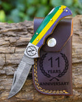 Handmade Damascus Pocket Knife Multi color Handle Birthday Gift Folding Knife Groomsmen Gift Anniversary Wedding Gift Fathers day Gift Love