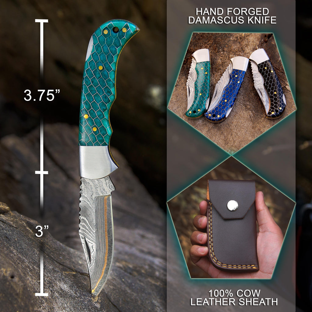 Personalized Copper Damascus Pocket Knife Gift for Dad Damascus Knife 9th Anniversary Gift for him Graduation Gift Wedding Groomsmen Gift