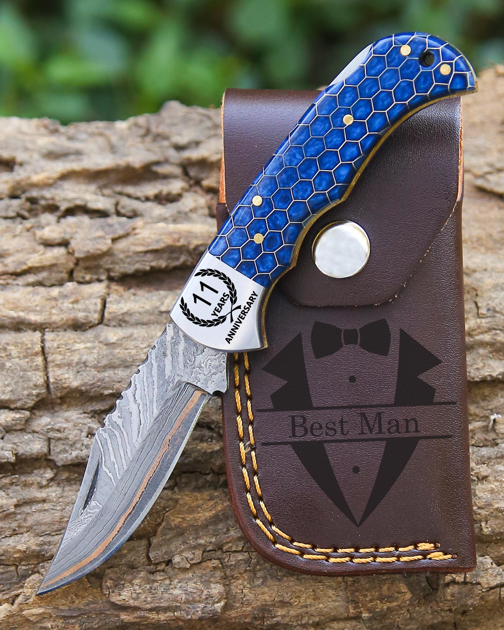 Personalized Copper Damascus Pocket Knife Gift for Dad Damascus Knife 9th Anniversary Gift for him Graduation Gift Wedding Groomsmen Gift