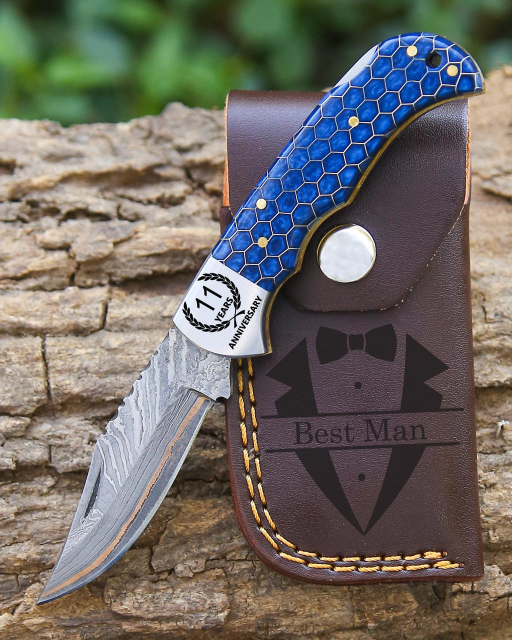 Personalized Copper Damascus Pocket Knife Gift for Dad Damascus Knife 10th Anniversary Gift for him Graduation Gift Wedding Groomsmen Gift