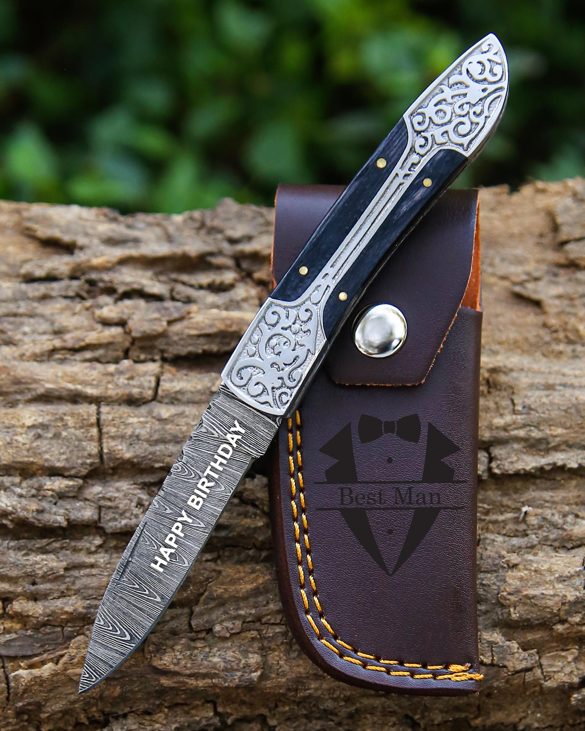 Handmade Damascus Pocket Knife: Red Wood Handle, Engraved Steel, Father's Day Gift