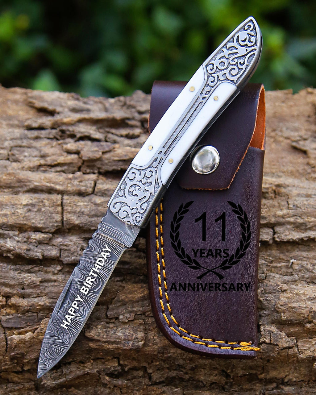 Handmade Damascus Pocket Knife: Red Wood Handle, Engraved Steel, Father's Day Gift