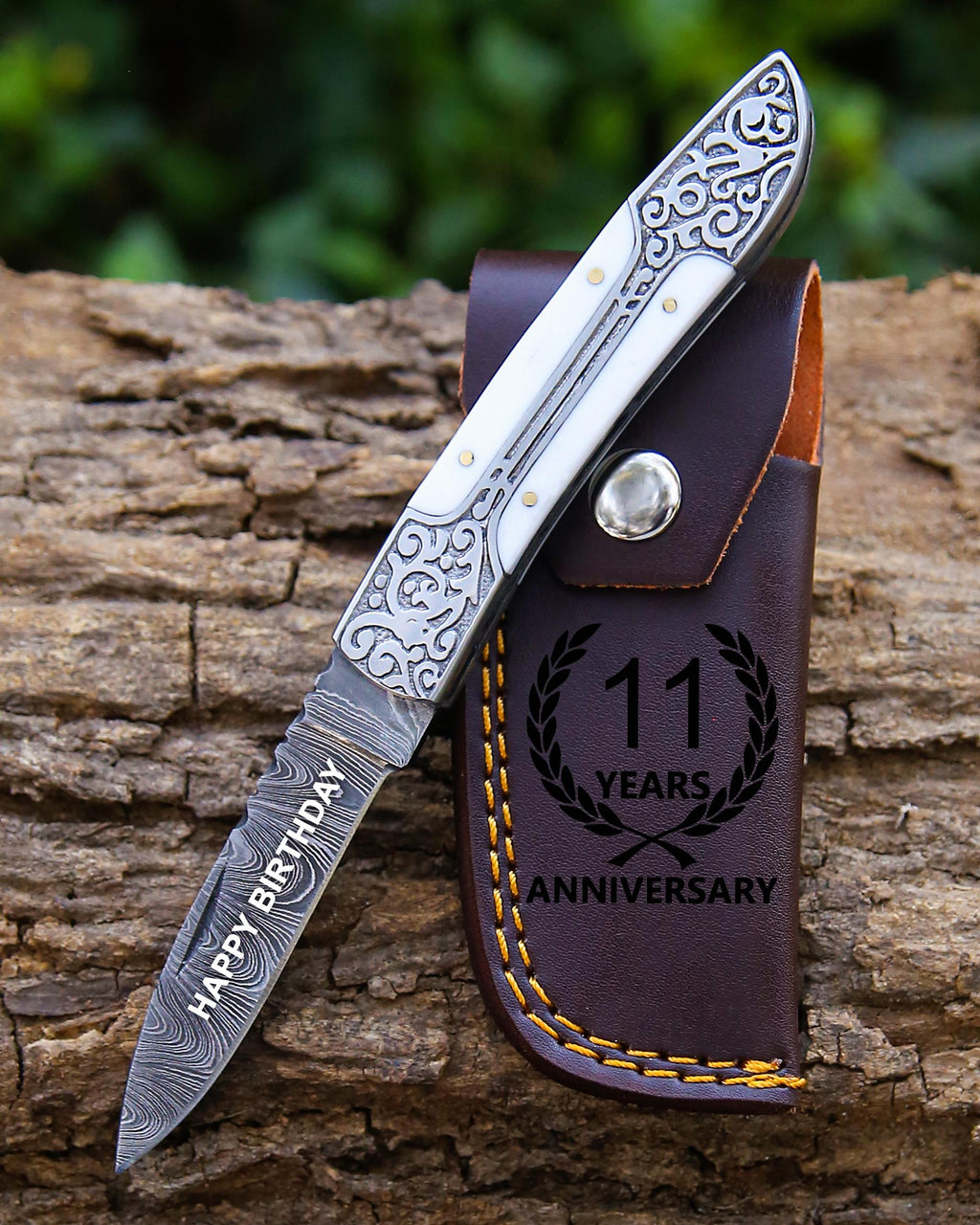 Handmade Damascus pocket knife White Resin handle birthday gift folding knife Groomsmen anniversary wedding gift for Father day Thanksgiving