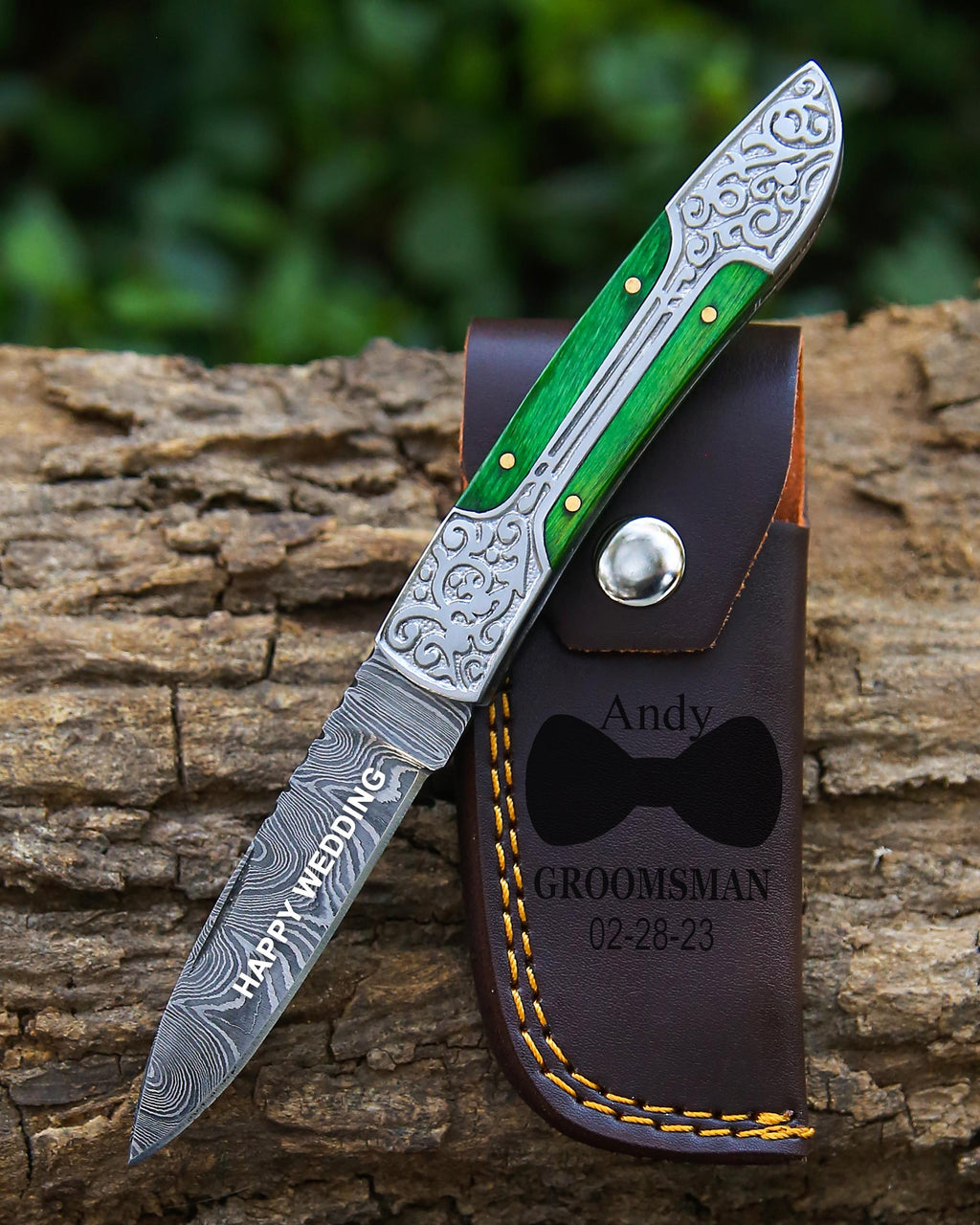 Handmade Damascus Pocket Knife: Red Wood Handle, Engraved Steel, Father's Day Gift