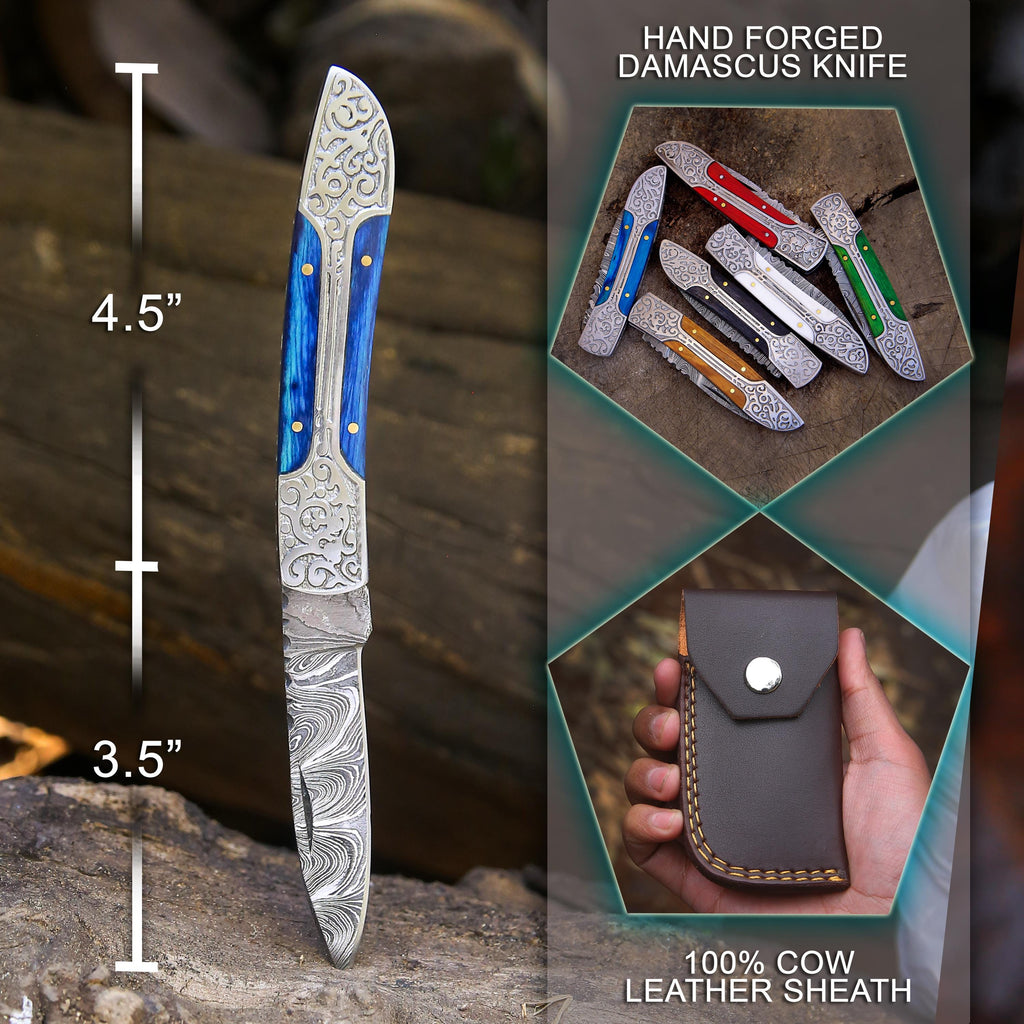 Handmade Damascus Pocket Knife: Red Wood Handle, Engraved Steel, Father's Day Gift