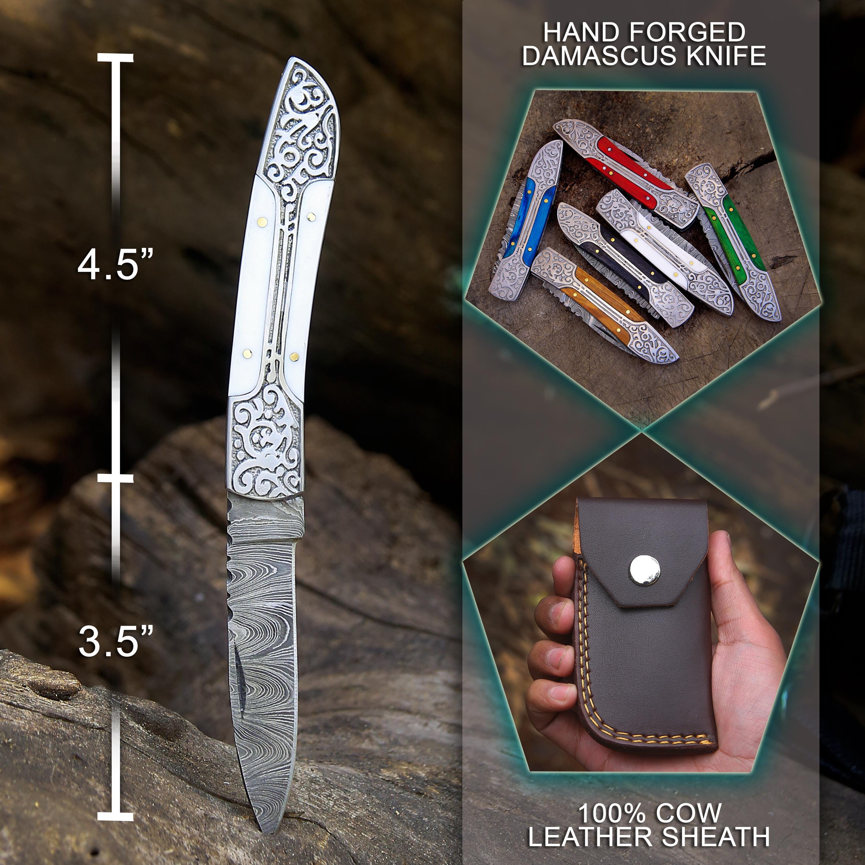 Handmade Damascus Pocket Knife: Red Wood Handle, Engraved Steel, Father's Day Gift