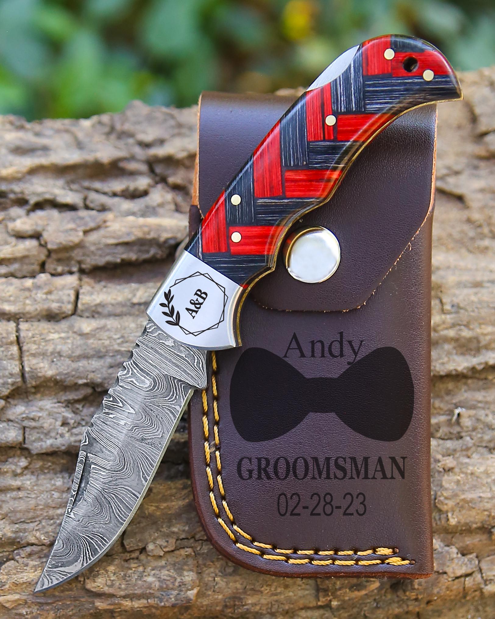 Personalized Handmade Damascus Steel Pocket Knife Blue Handle Best dad Gift for Men Folding Knife Groomsmen 11 Anniversary Husband Gifts