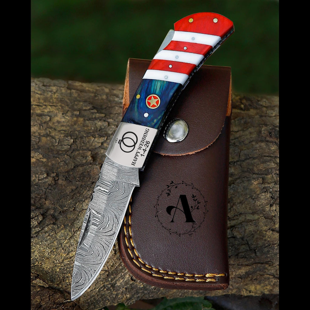 Handmade Damascus pocket knife USA Flag handle birthday gift folding knife Groomsman Anniversary gift boyfriend Personalized Gift For Men