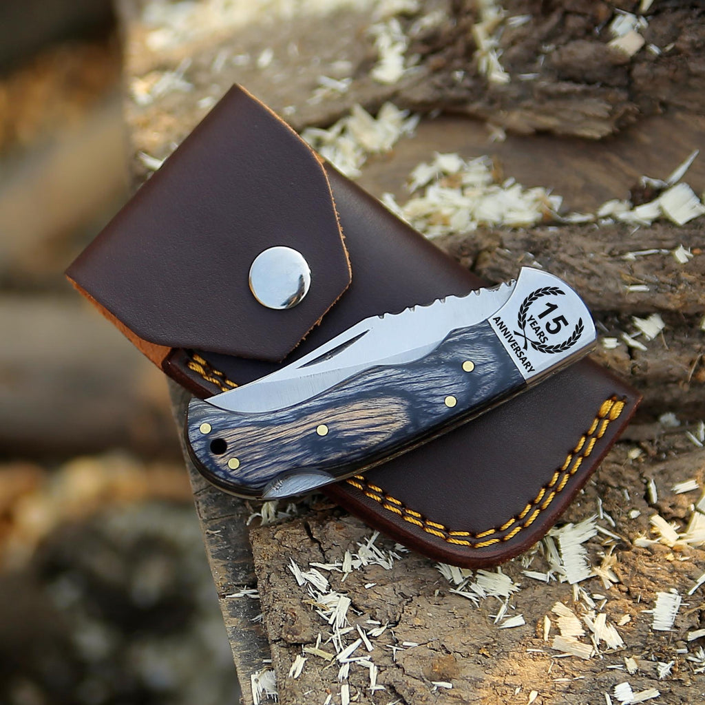 Stainless Steel Pocket Knife Gray Wood Handle Birthday Gift Folding Knife Groomsmen Gift 3rd Anniversary Wedding Gift Fathers day Gift Love