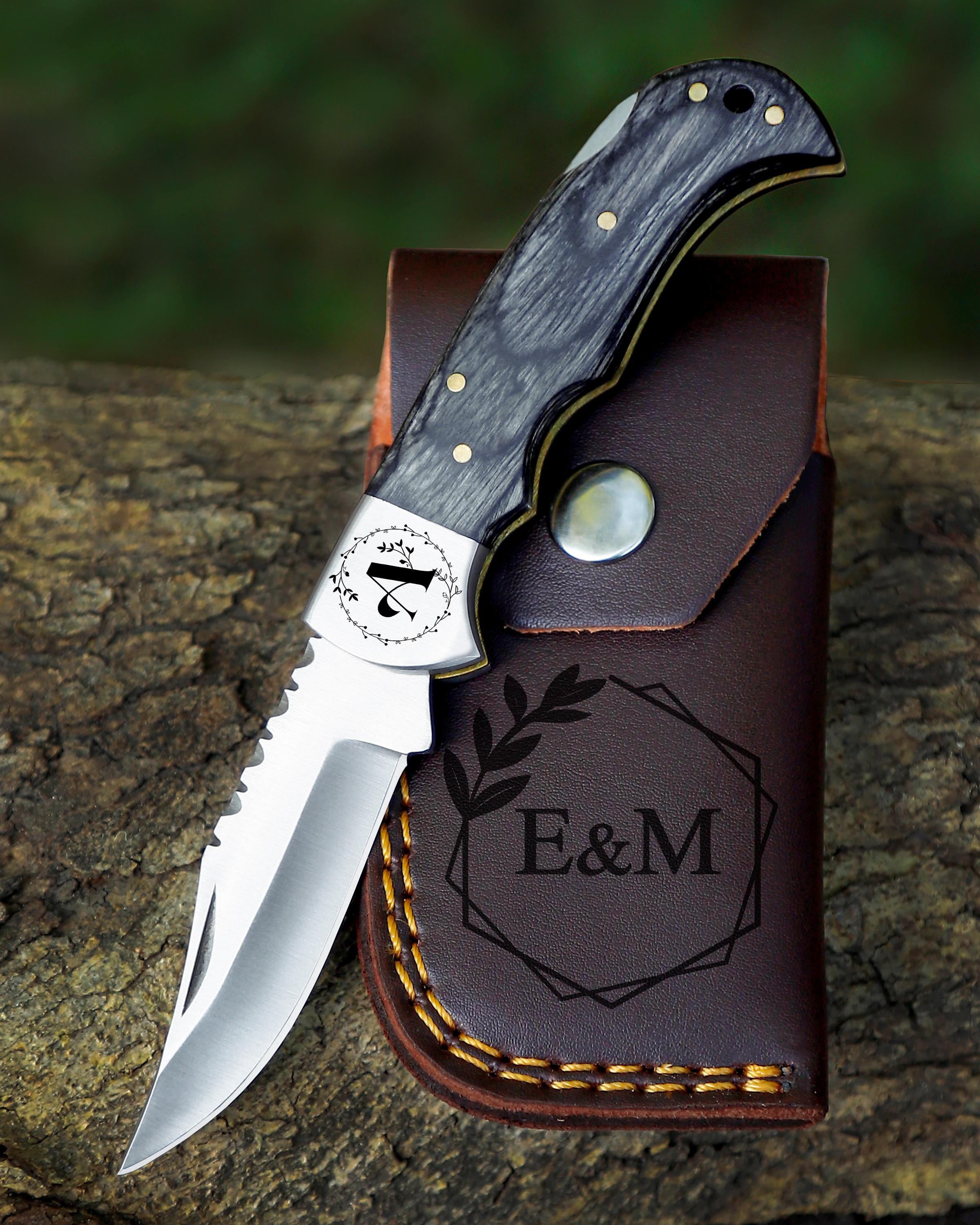 Stainless Steel Pocket Knife Gray Wood Handle Birthday Gift Folding Knife Groomsmen Gift 3rd Anniversary Wedding Gift Fathers day Gift Love