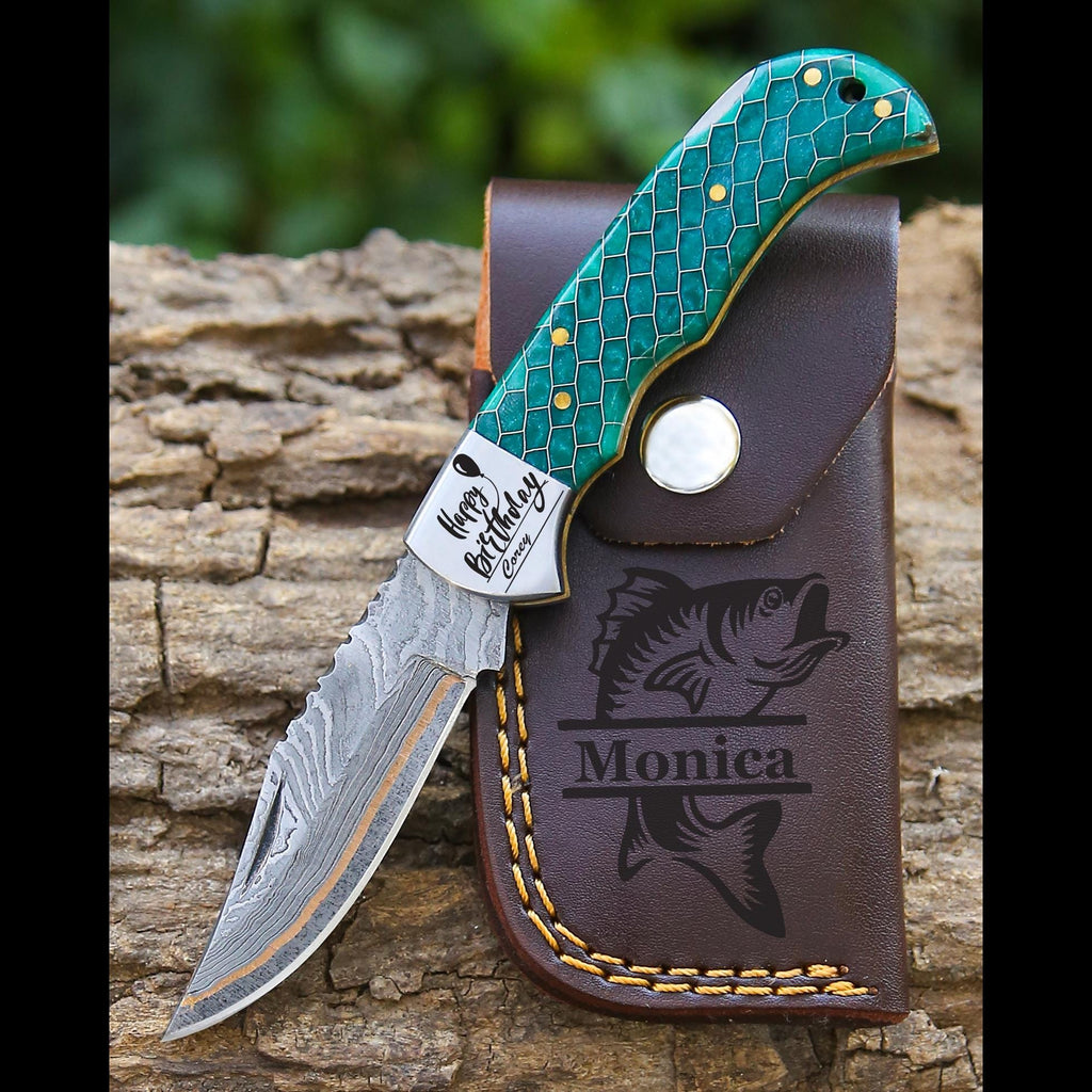 Personalized Copper Damascus Pocket Knife Gift for Dad Damascus Knife 10th Anniversary Gift for him Graduation Gift Wedding Groomsmen Gift