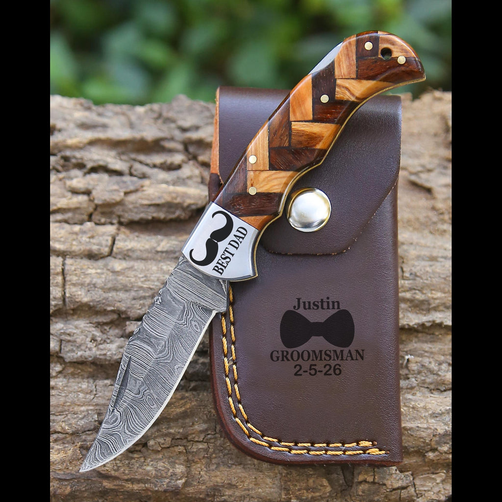 Handmade Damascus Pocket Knife Rose Wood Handle Birthday Gift Folding Knife Groomsmen Gift Anniversary Wedding Personalized Gift for Men