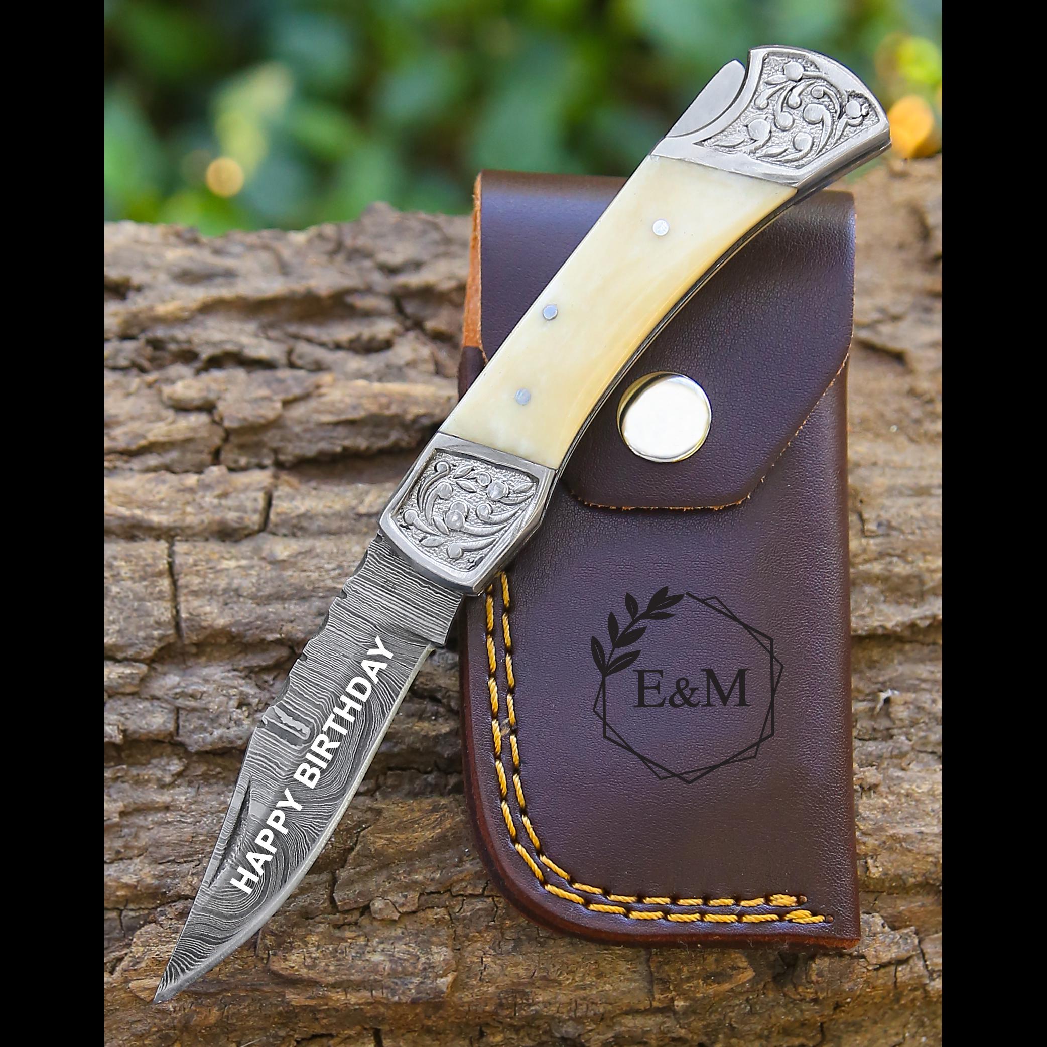 Handmade Damascus Pocket Knife White Handle Birthday Gift Folding Knife Groomsmen Anniversary Gift Personalized Gift for Boy friend Love
