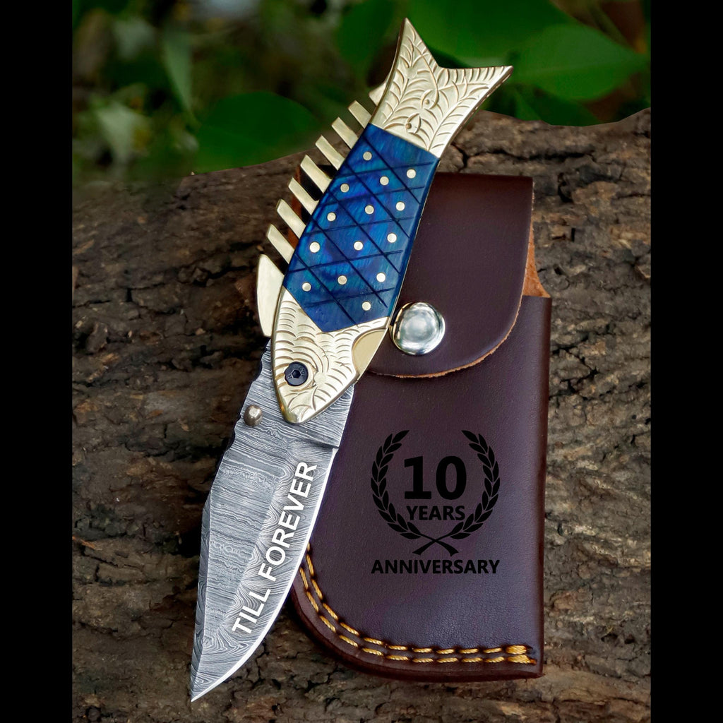 Luxury Damascus Fish Pocket Knife Blue Wood Handle Birthday Gift Folding Knife Best man Gift Anniversary Wedding Personalized Gift for Men